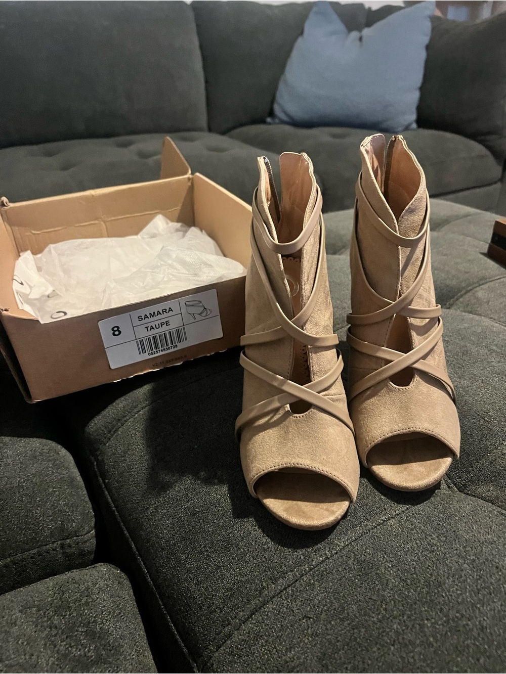 Journee Collection Taupe Open-Toe Crisscross Heeled Booties